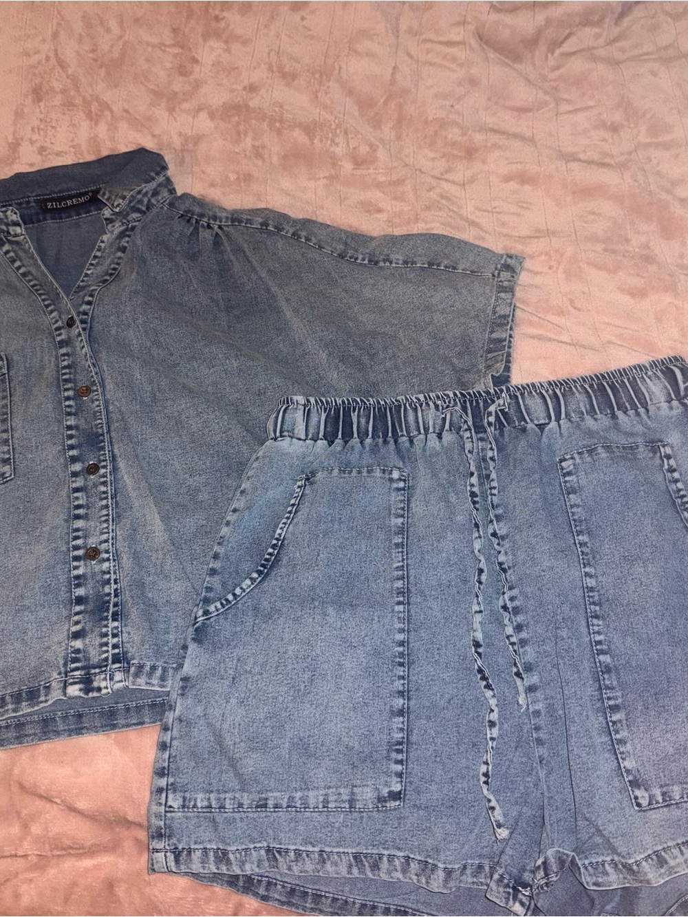 Light Blue Denim Short Set - Relaxed Button-Up & Elastic Waist Shorts